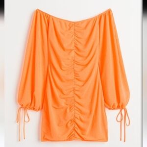 H&M Fitted Off-the-Shoulder Ruched Mini Dress In Bright Orange. Size S NWOT